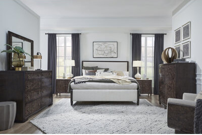 Latitude Run King Upholstered Panel Bed 2 Nightstands Drawer Dresser With Landscape Mirror And Drawer Chest