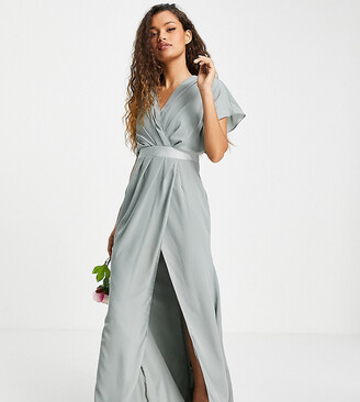 ASOS Petite ASOS DESIGN Petite Bridesmaid short sleeved cowl front maxi dress with button back detail in olive