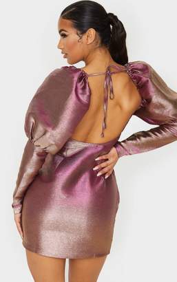 PrettyLittleThing Silver Iridescent Puff Sleeve Low Back Bodycon Dress