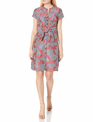 Adrianna Papell Women's Gingham and Floral Flared Embroidered Shirt Dress