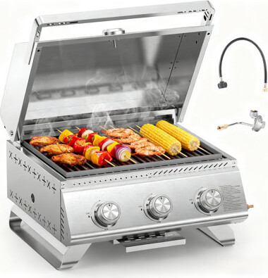 R.W.FLAME 3-Burner 24K Btu Stainless Steel Portable Propane Grill W/ Griddle - Multi-Zone Cooking, Thermometer | Backyard, Camping