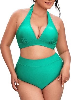 CUPSHE Women Plus Size Bikini Set Two Pieces Swimsuit Halter High Waist  Ruching V Neck Bathing Suit Green XL - ShopStyle