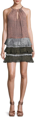 Ramy Brook Leomi Printed Sleeveless Tiered Dress,Terracotta Rose/Black/White