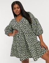 Thumbnail for your product : ASOS DESIGN Curve textured mini v-neck volume sleeve dress in green ditsy floral