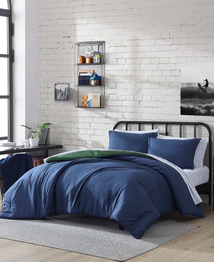 Nautica Solid Microfiber Reversible 4 Piece Comforter Set, Twin/Twin Xl - Captain's Blue, Bay Pine