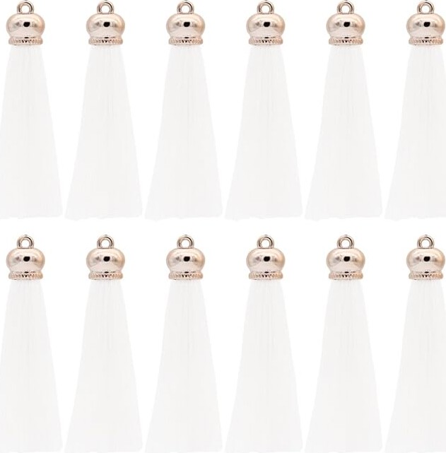 Winrase 80mm Polyester Soft Tassel Ice Silk Tassel End Stopper Pendant Connectors with Gold Tassels Cap for DIY Jewelry Accessories Making/Earring/Curtain/Handbag Pendant,12pcs (White)