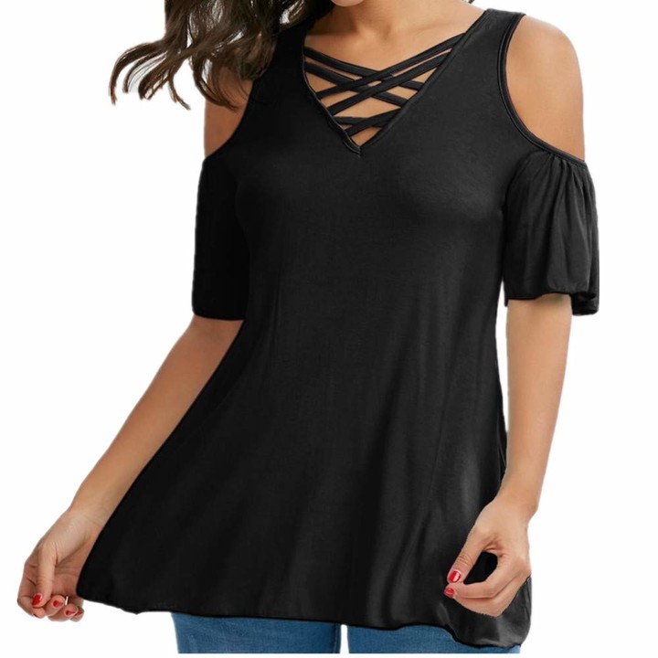 Plus Size Tops for Women Short Sleeve Casual Cold Shoulder Tunic Tops Loose Blouse Shirts 