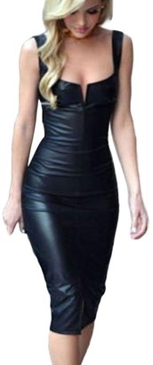 JYC Clearance Women's Leather Sexy Strap Sleeveless Cocktail Midi Bodycon Dress Pu Leather Sleeveless Bodycon Backless Party Bandage Dresses Front Zipper Night Club Leather Dress (Black XX-Large)