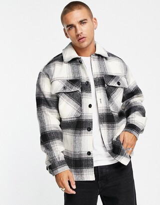Bershka faux wool check shirt jacket in black/white - ShopStyle