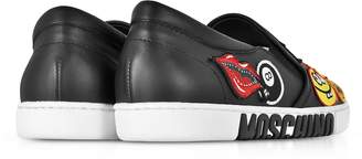 Moschino Black Leather Slip On Sneakers w/Patches