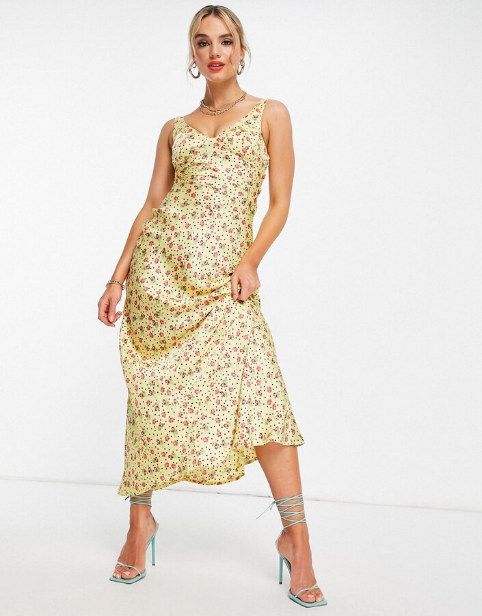 ASOS DESIGN satin maxi bias slip dress in yellow ditsy floral and