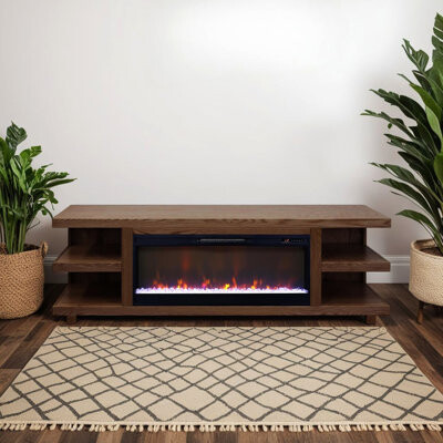 82" Tv Stand With Fireplace, Oak Bourbon, 42" Insert, 90" Fit, Flame Brightness Adjustable, Concealed Wiring 90-inch Suitable Fireplace Stand, 82 Inch