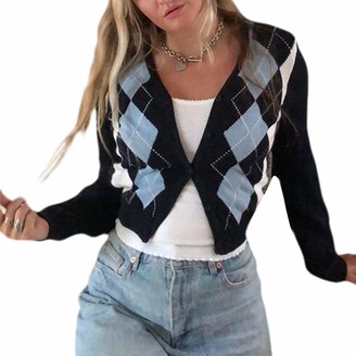 Women s Argyle Knitted Plaid Sweater Vintage Preppy Style Long Sleeve V-Neck Button Cardigan E-Girls 90s