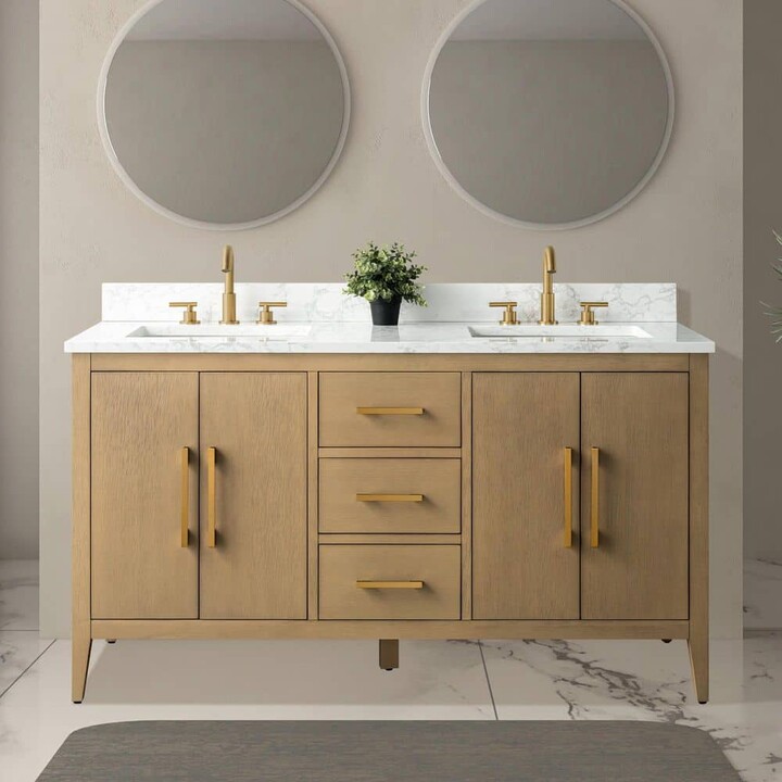 Vanity Art 60 in. W x 22 in. D x 38 in. H Double-Sink Bathroom Vanity in Natural Oak with Engineered Marble Top in Arabescato White