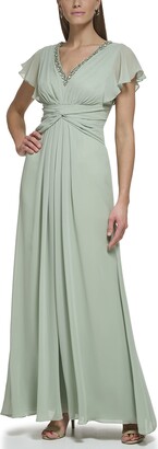 Eliza J Women's Gown Style Twist Waist Chiffon Flutter Sleeve Beaded Vneck Dress
