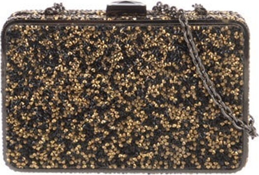 Sondra Roberts Minaudière Brown Crystal Gunmetal Hardware Single Shoulder Strap Chain-Link Accents Satin Lining & Single Interior Pocket Push-Lock Closure at Top