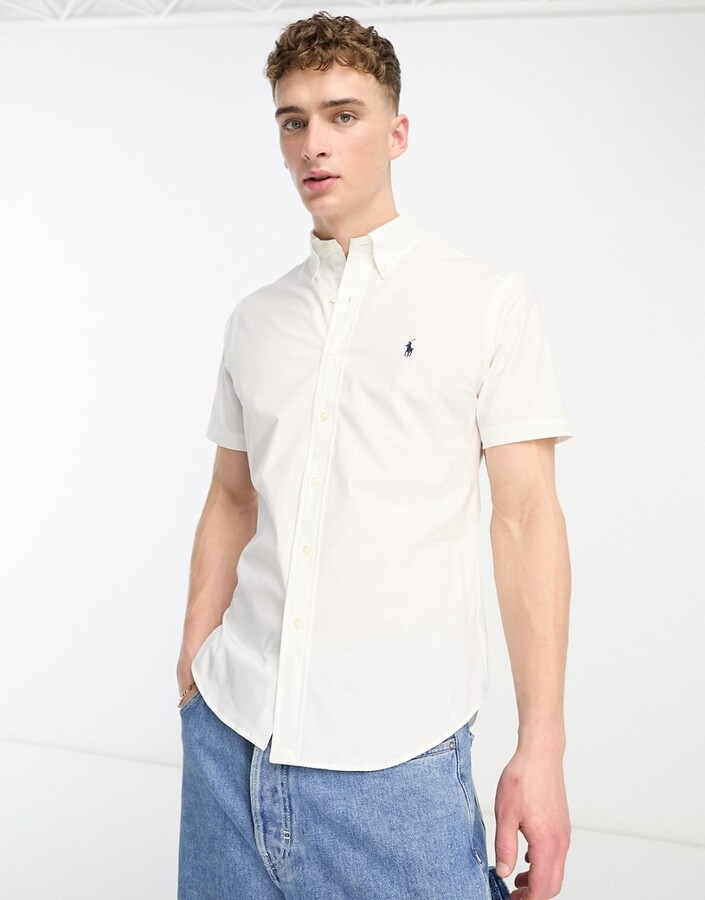 Polo Ralph Lauren icon logo short sleeve cotton stretch poplin shirt custom  fit in white - ShopStyle