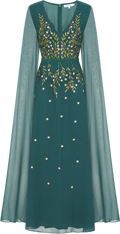 Frock and Frill Thalia Green Embroidered Cape Sleeve Maxi Dress