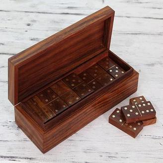 Wood Brass Inlay Domino Set Game, 'Challenge'