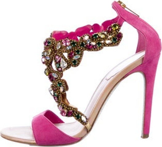Rene Caovilla Suede Sandals Pink Crystal & Glitter Accents