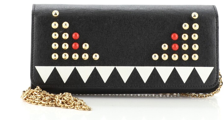 Fendi Continental Wallet on Chain Studded Leather Black Excellent