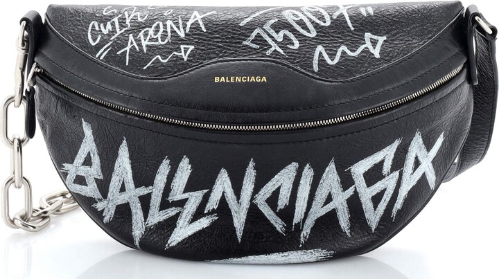 Balenciaga Black And White Souvenir Xs Graffiti Leather Belt Bag