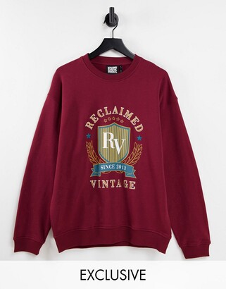Reclaimed Vintage inspired unisex oversized sweatshirt with varsity  embroidery in burgundy - ShopStyle