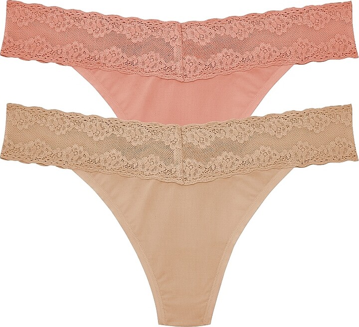 Natori Women's Bliss Perfection Lace Trim One Size Thong 2-Pack - Cafe Frose