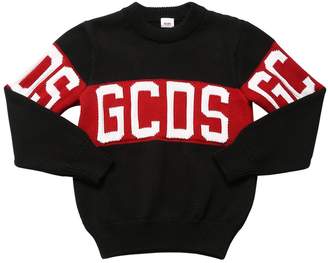 GCDS Logo Jacquard Wool Blend Knit Sweater
