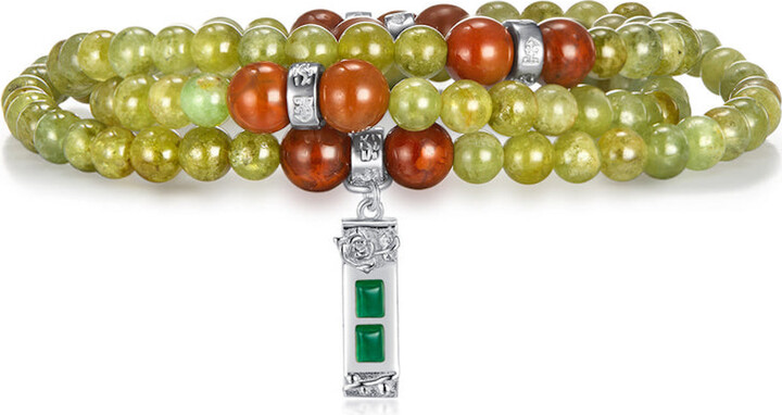 Aurozia Five Elements Wood Sterling Silver Tsavorite Jade Life Tree With Flower Pendant Three Layered Crystal Bracelet & Necklace