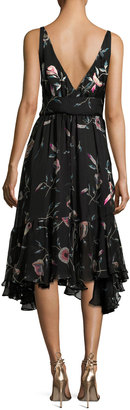 Josie Natori Pressed Flower-Print Ruffled Silk Chiffon Dress, Black