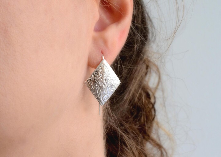 Etsy Handmade Sterling Silver Diamond Shaped Earrings - Etched Floral Studs Geometric Modern Jewelry Statement Gift For Her