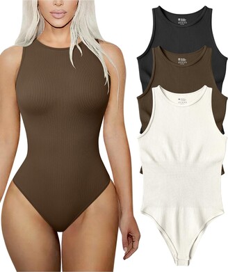 OQQ Women's 3 Piece Bodysuits Sexy Ribbed Sleeveless Adjustable Spaghetti  Strips Shapewear Tops Bodysuits