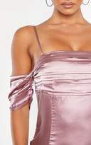 Thumbnail for your product : PrettyLittleThing Mauve Satin Ruched Bust Cold Shoulder Bodycon Dress