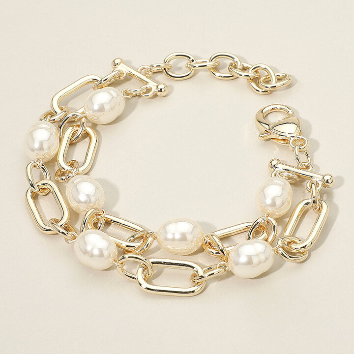 FASHNZFAB 14K Gold Plated Double Strand Pearl Link Accent Bracelet - Gold