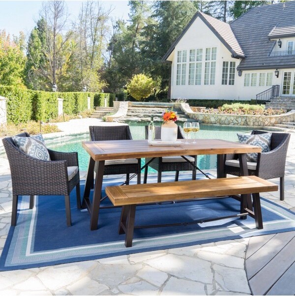 Christopher Knight Home ChristopherKnightHomeBolandOutdoorWickerandAcaciaWood6PieceDiningSetwithBenchTeak/Multibrown