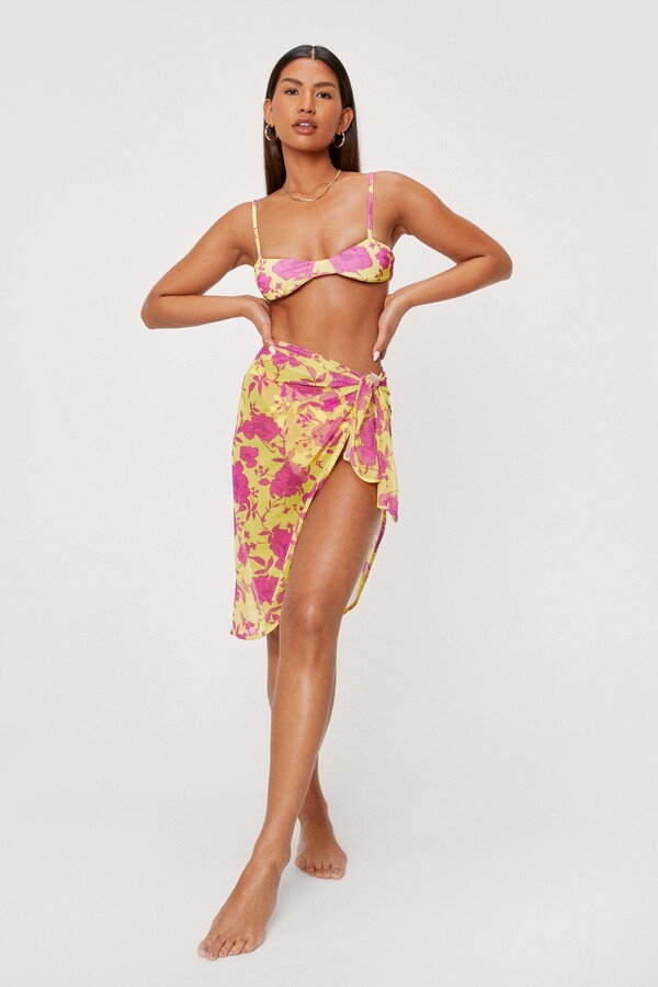 Nasty Gal Womens Bold Floral Print 3 Pc Bikini and Sarong Set - Yellow - 12  - ShopStyle Two Piece Swimsuits