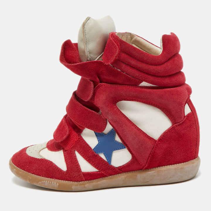 Louis Vuitton Red Leather And Embossed Monogram Suede Millenium Wedge  Sneakers S