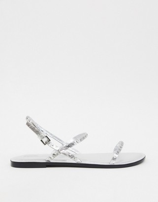 ASOS DESIGN Fuse leather studded flat sandals in silver