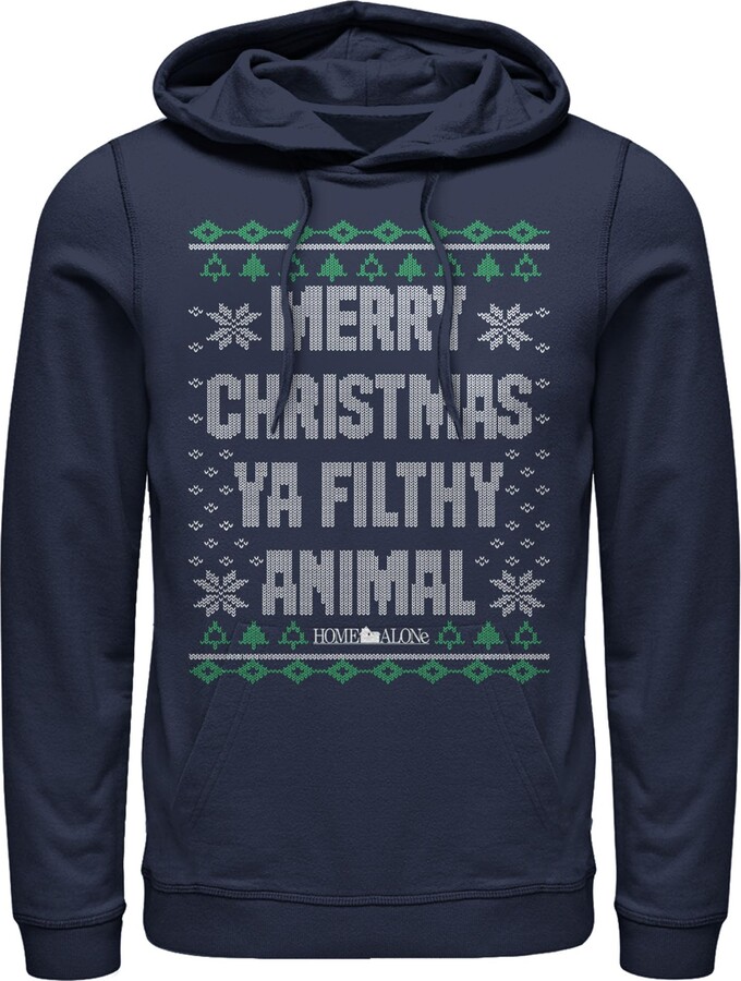 Fifth Sun Men's Home Alone Merry Christmas Ugly Sweater Pull Over Hoodie - Navy Blue - Large