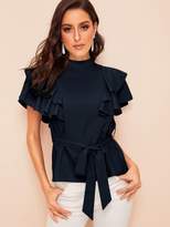 Thumbnail for your product : Shein Mock-neck Layered Ruffle Armhole Belted Blouse