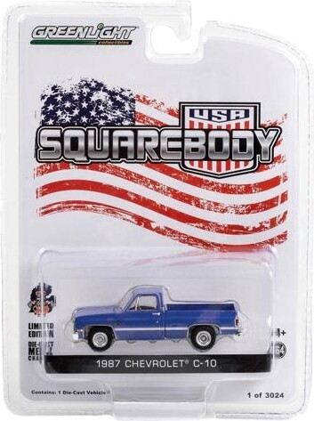 1987 Chevrolet C-10 Pickup Truck Blue 'Squarebody USA' Limited Edition to 3024 pieces 1/64 Diecast Model Car by Greenlight