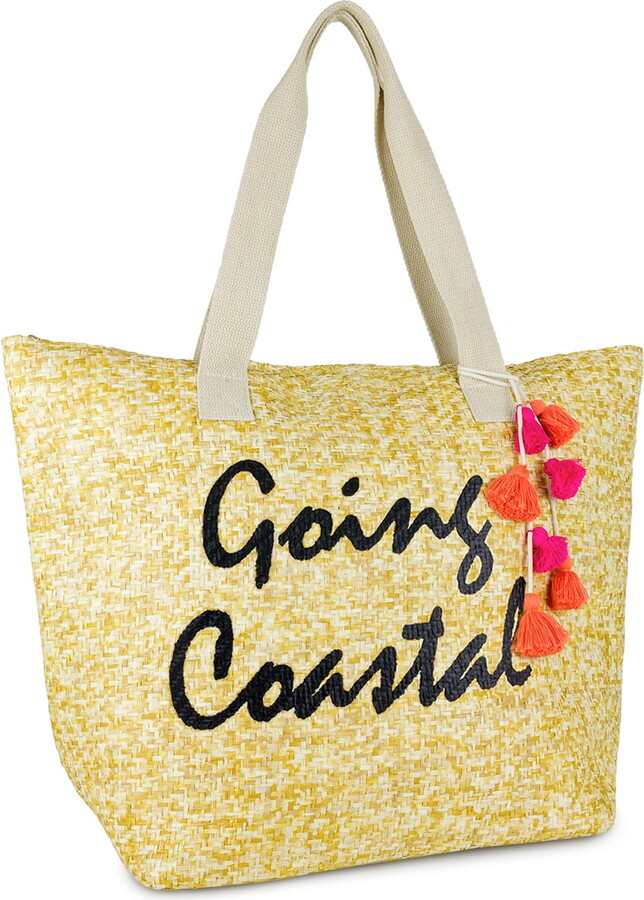Women’s Insulated Going Coastal Verbiage Beach Tote Bag with Tassel