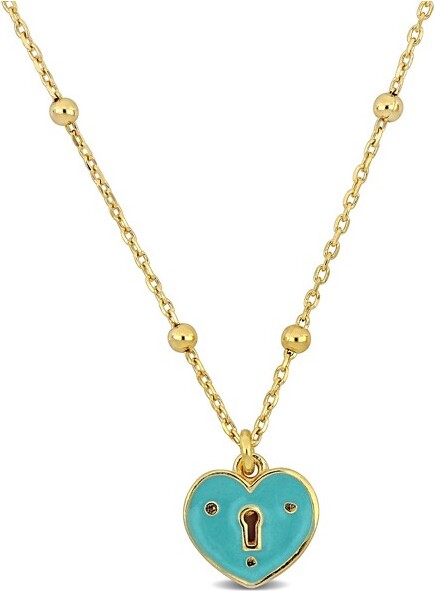 Everly Jewelry EVERLYJEWELRY|YellowPlatedSterlingSilverTurquoiseEnamelHeartNecklaceonDiamondCutCableChain-17.5in