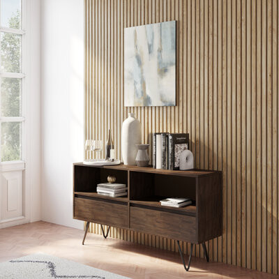 Simpli Home Chase 30"H Solid Acacia Wood and Metal Modern Industrial Low Bookshelf with Open Shelves and Metal Frame