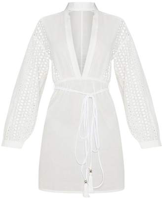 PrettyLittleThing White Broderie Anglaise Plunge Tie Waist Bodycon Dress