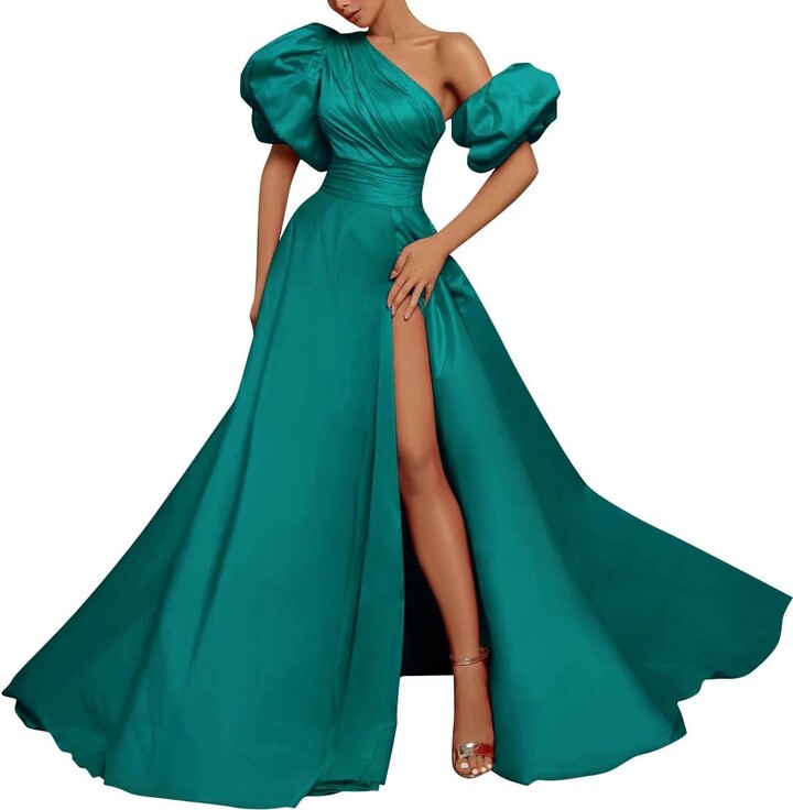 Sonlay One Shoulder Satin Prom Dresses with Slit Ruched Elegant Puffy