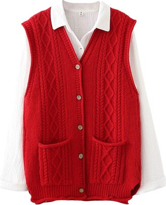 YESNO Women Loose Swing Chunky V-Neck Sweater Vests Oversized Knit Sleeveless Jumpers with Cute Drop Pockets WM9UK