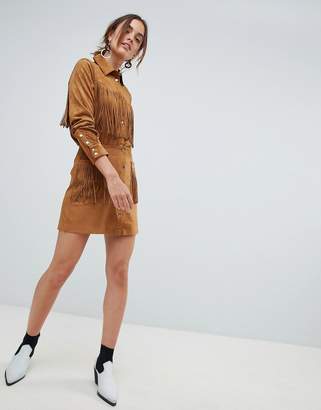 MANGO fringe faux suede skirt in brown