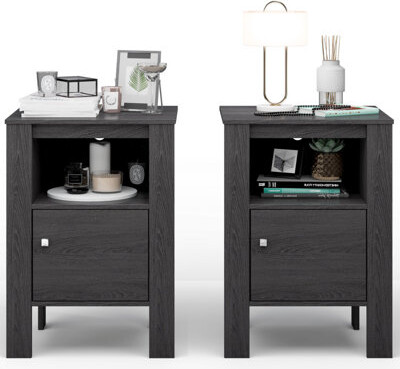 Compact Floor Farmhouse Nightstand with Open Shelf and Cabinet